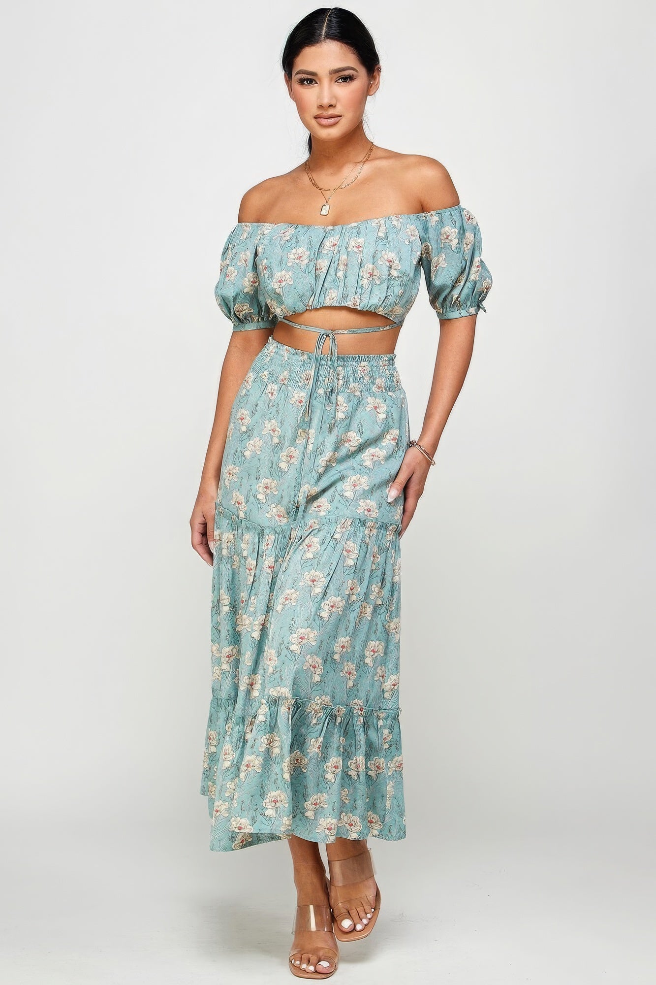 Stacey B's Floral Off Shoulder Sleeve Back Tie Top Skirt Set