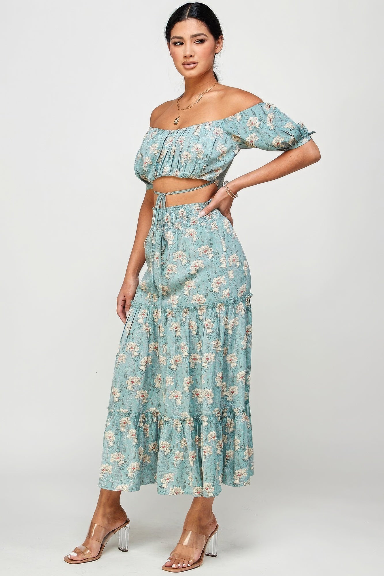 Stacey B's Floral Off Shoulder Sleeve Back Tie Top Skirt Set