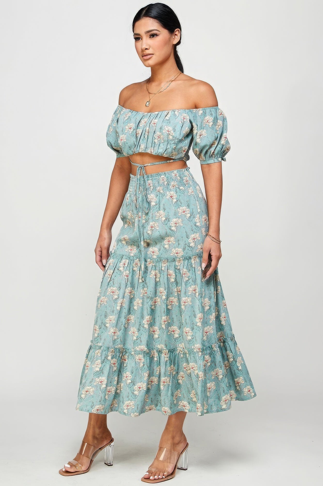 Stacey B's Floral Off Shoulder Sleeve Back Tie Top Skirt Set