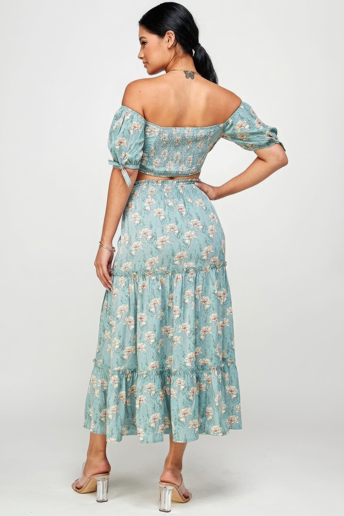 Stacey B's Floral Off Shoulder Sleeve Back Tie Top Skirt Set