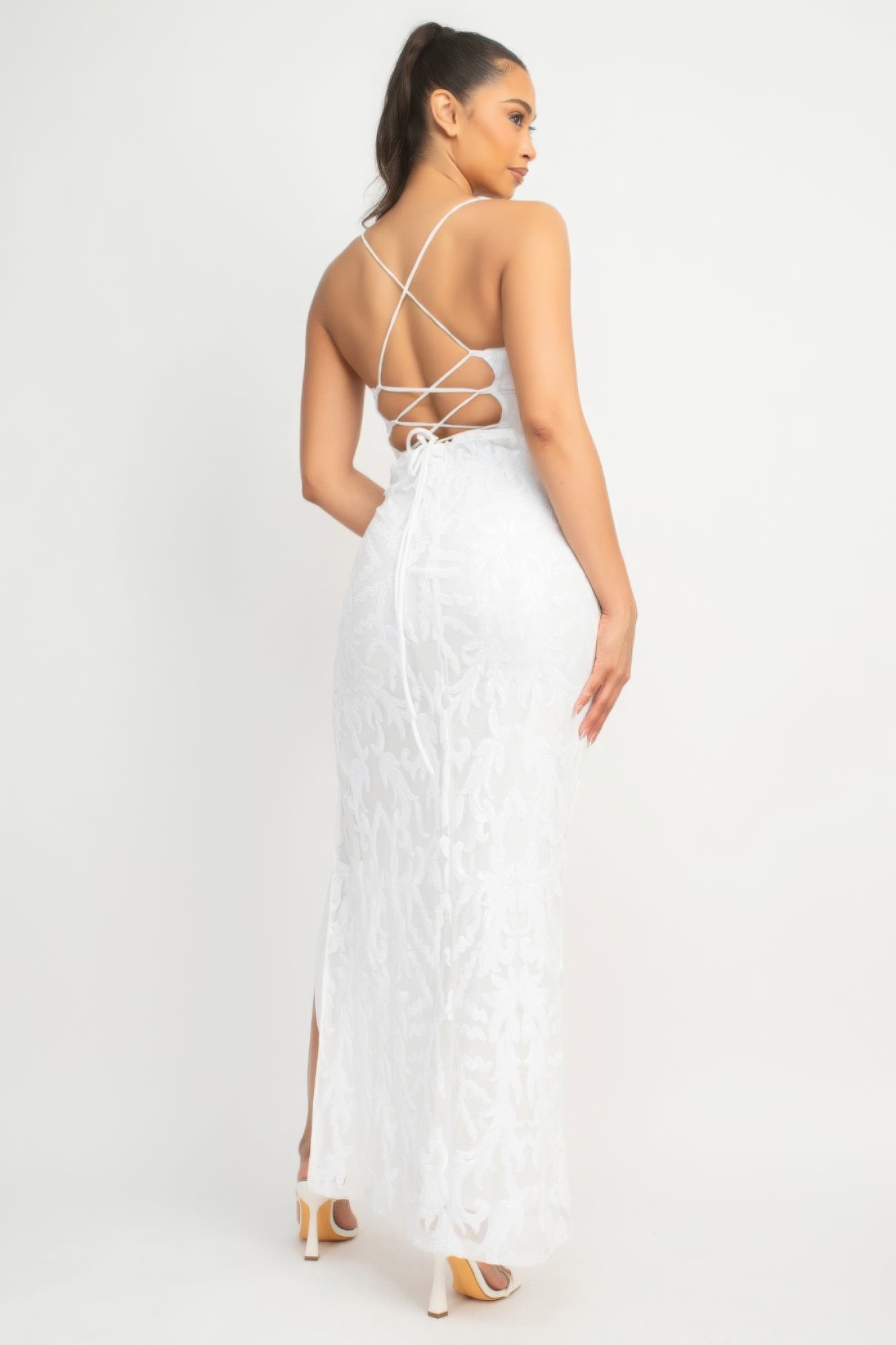 Stacey B's Sequin Back-crisscross Tie Slit Dress