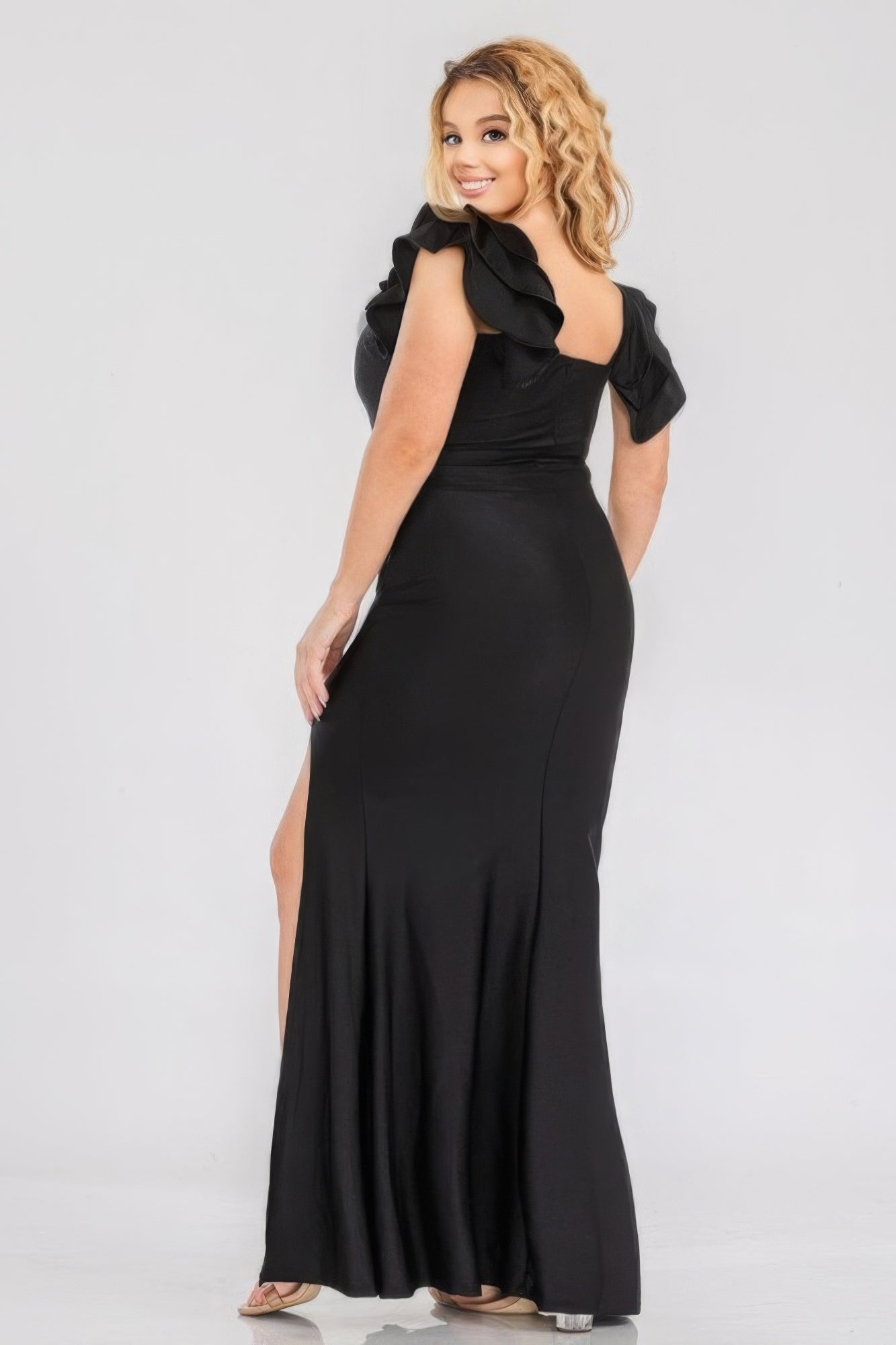 Stacey B's Plus Satin Strech Ruffle Paty Maxi Dress