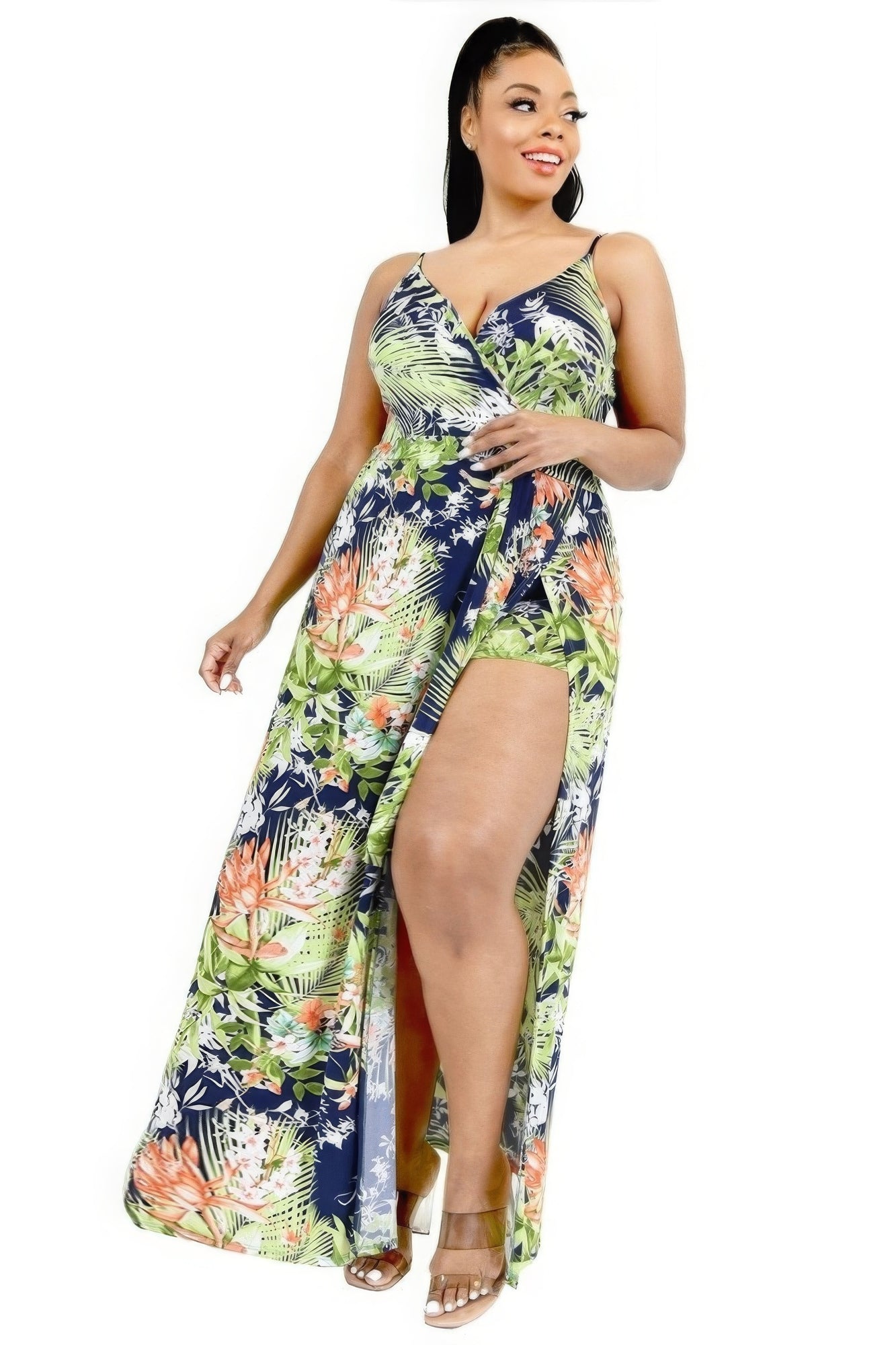 Stacey B's  Plus Tropical Leaf Print Surplice Maxi Dress