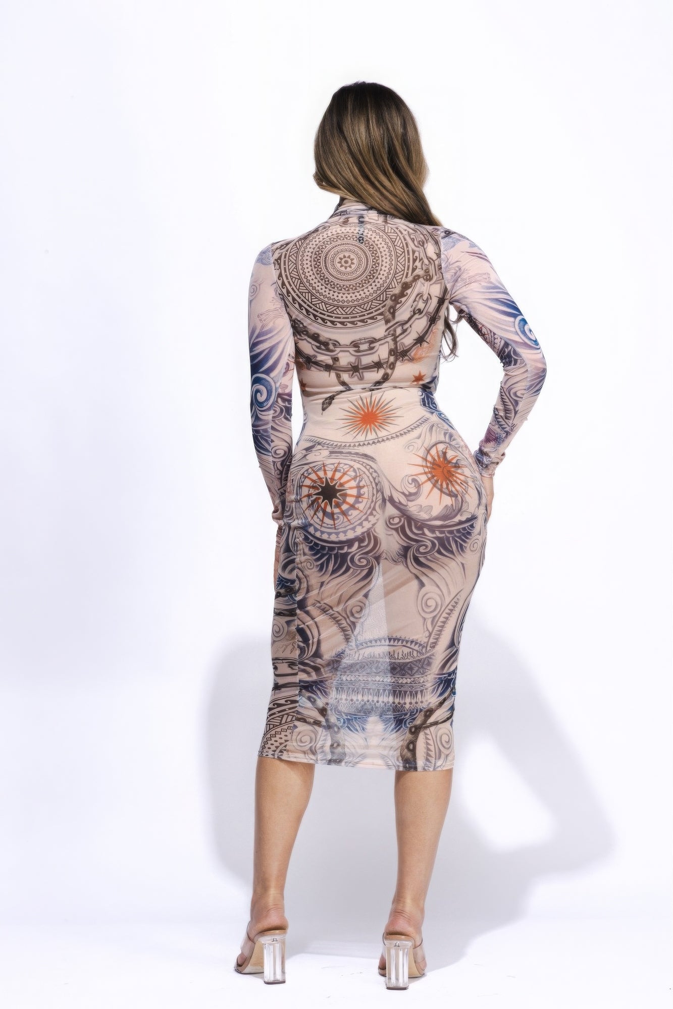 Stacey B's Tattoo Body Print Mesh Midi Dress