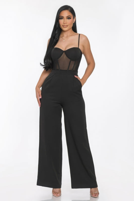 Stacey B's Mesh Insert Cup Wide Leg Jumpsuit