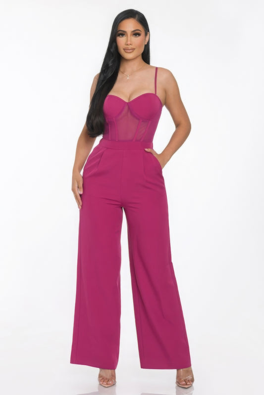 Stacey B's Mesh Insert Cup Wide Leg Jumpsuit