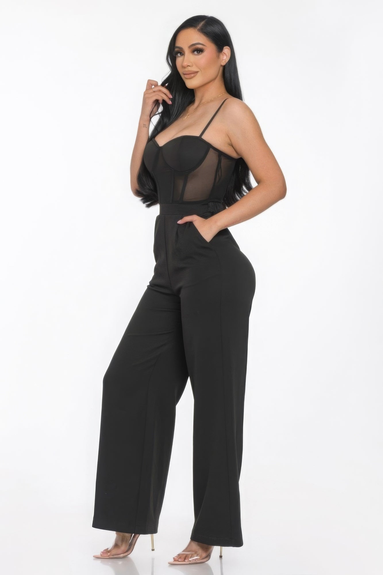 Stacey B's Mesh Insert Cup Wide Leg Jumpsuit