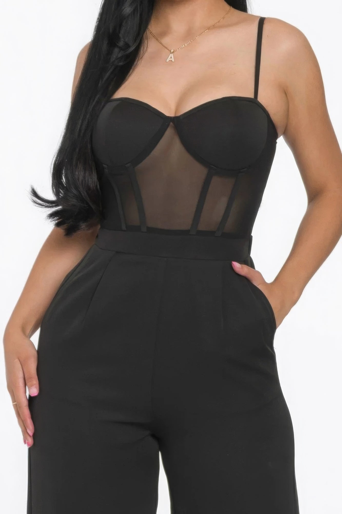 Stacey B's Mesh Insert Cup Wide Leg Jumpsuit