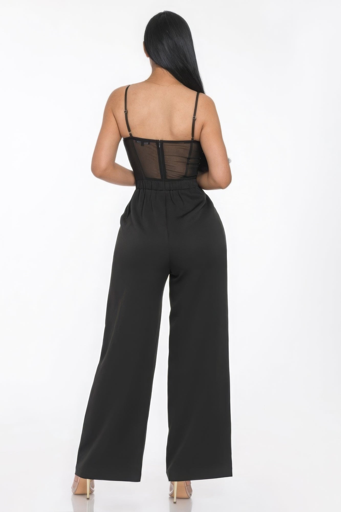 Stacey B's Mesh Insert Cup Wide Leg Jumpsuit