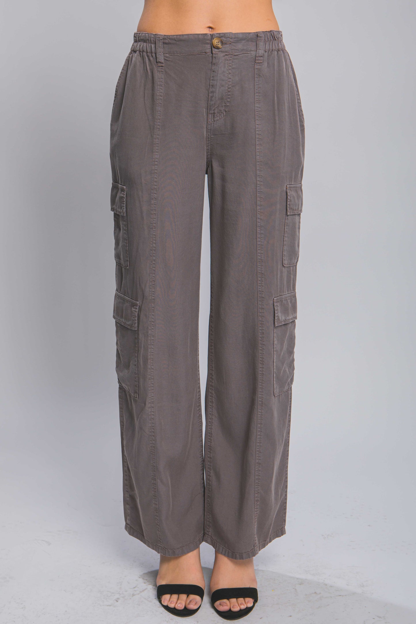 Stacey B's Full-length Tencel Pants With Cargo Pockets -dark Gray