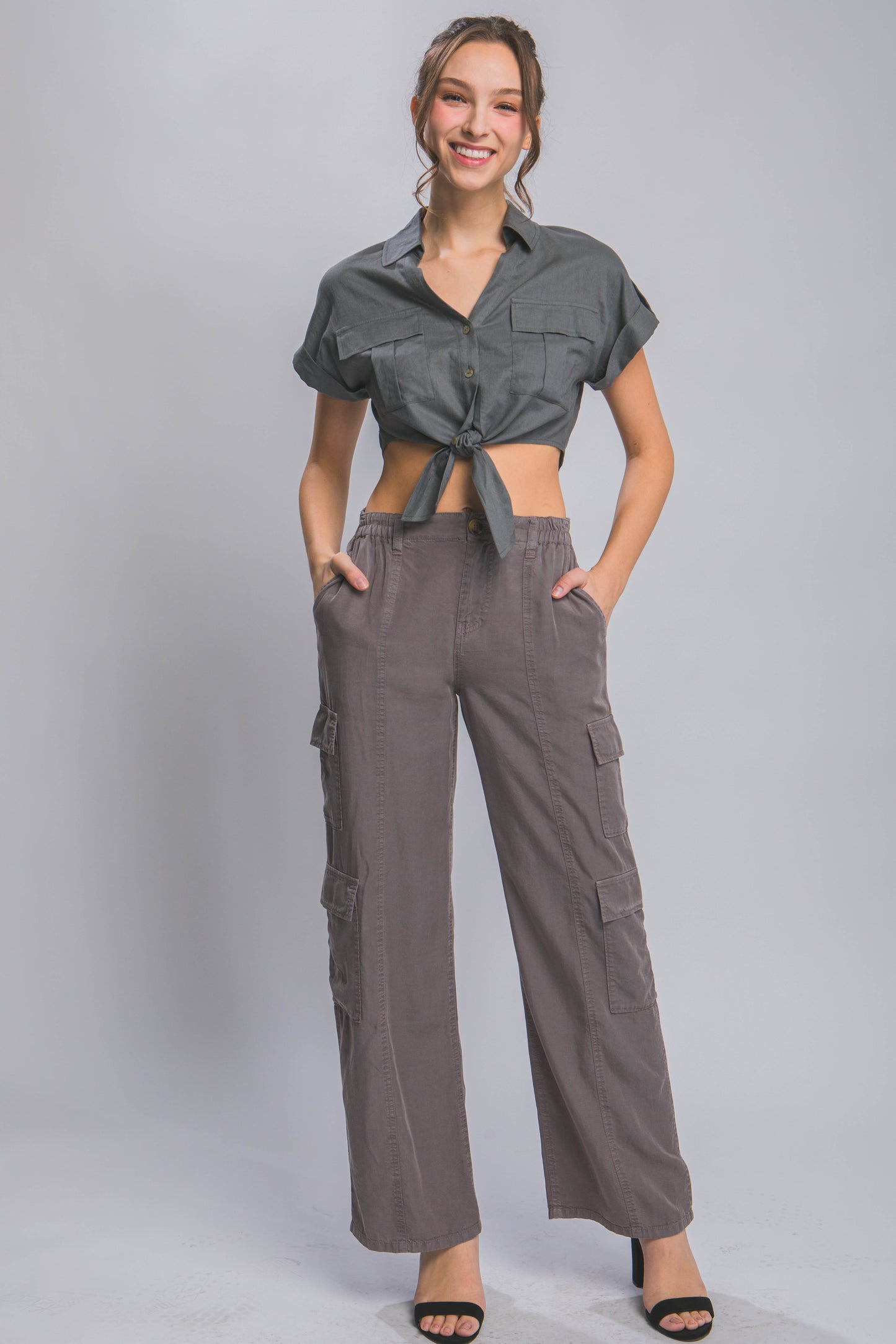 Stacey B's Full-length Tencel Pants With Cargo Pockets -dark Gray