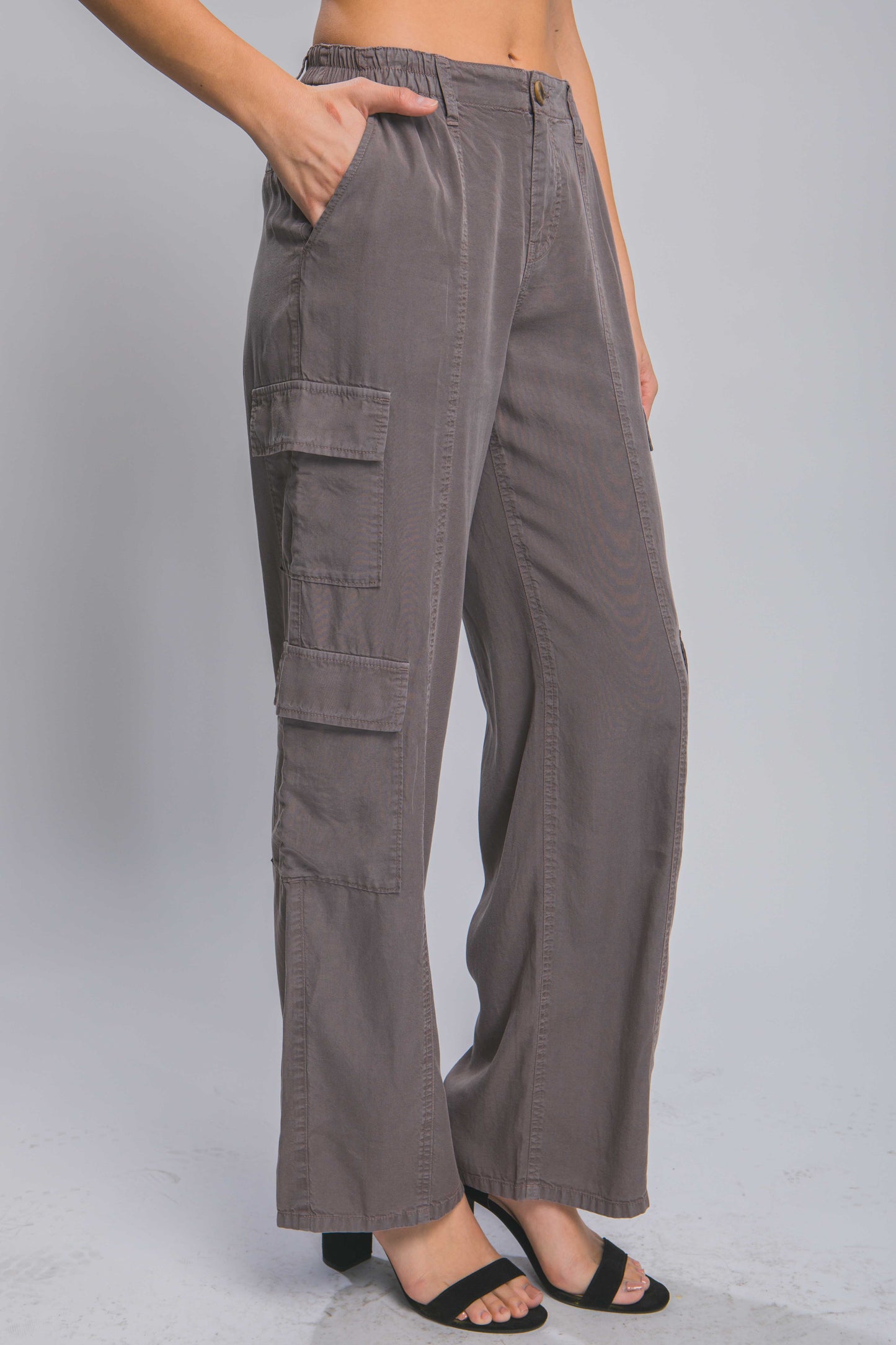 Stacey B's Full-length Tencel Pants With Cargo Pockets -dark Gray