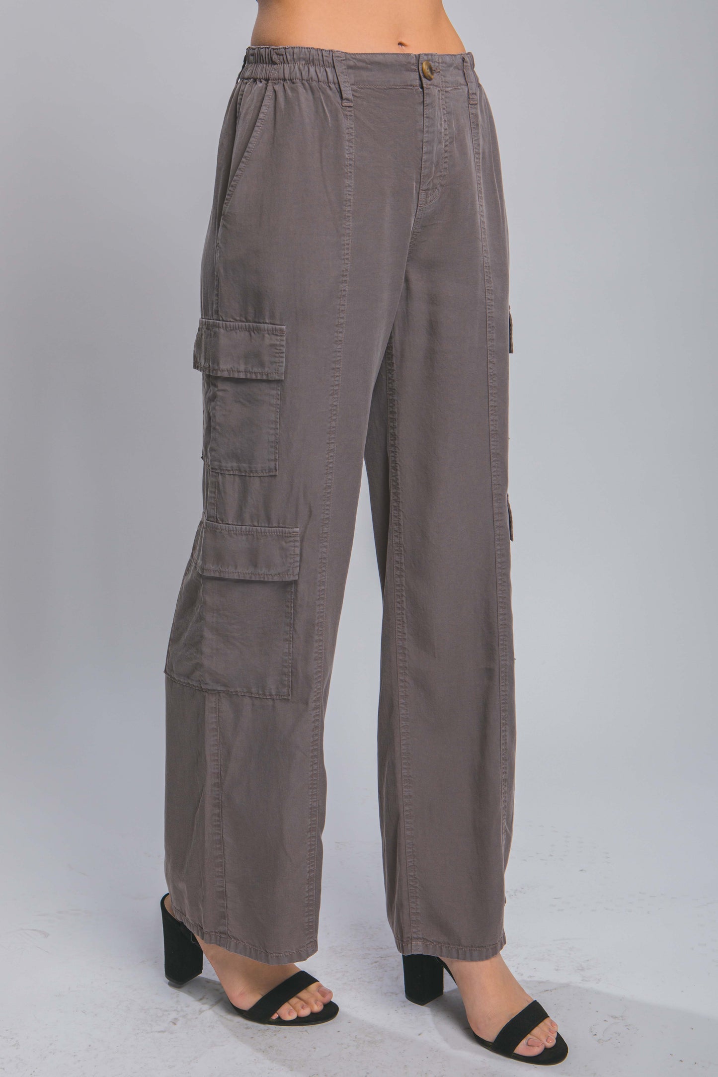 Stacey B's Full-length Tencel Pants With Cargo Pockets -dark Gray