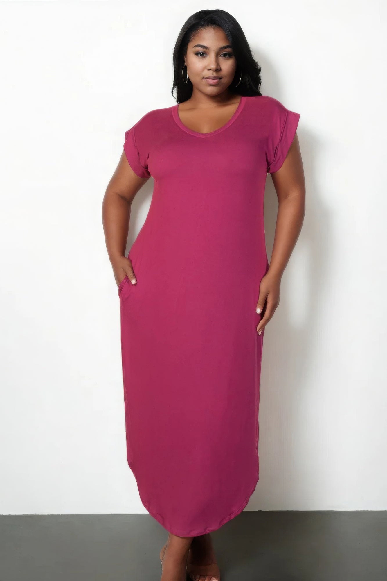 Stacey B's Plus Size Hidden Pocket Batwing Sleeve V Neck Long Dress