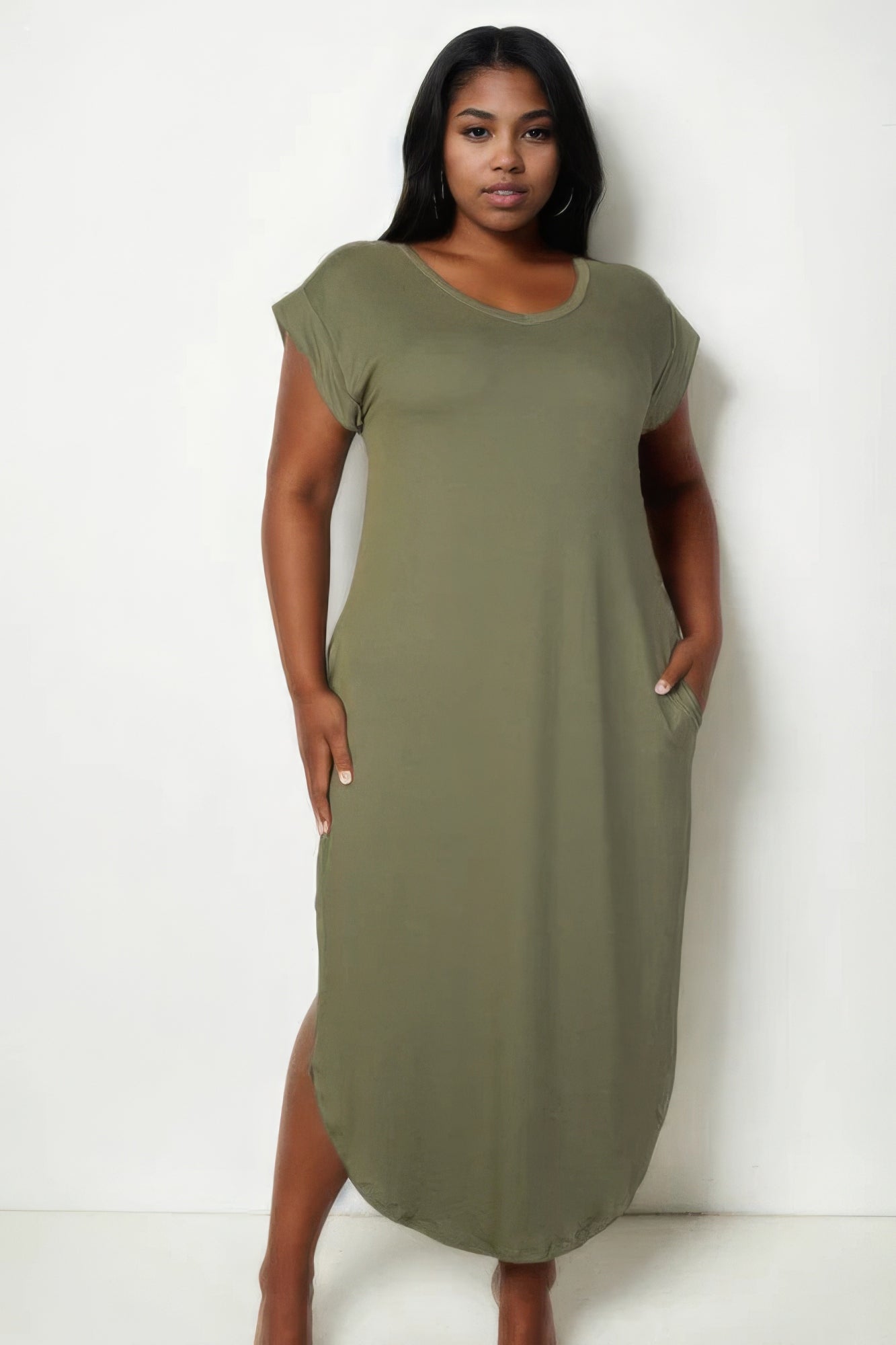 Stacey B's Plus Size Hidden Pocket Batwing Sleeve V Neck Long Dress