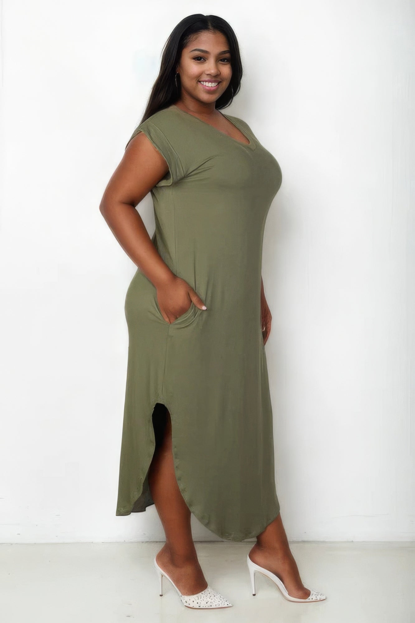 Stacey B's Plus Size Hidden Pocket Batwing Sleeve V Neck Long Dress