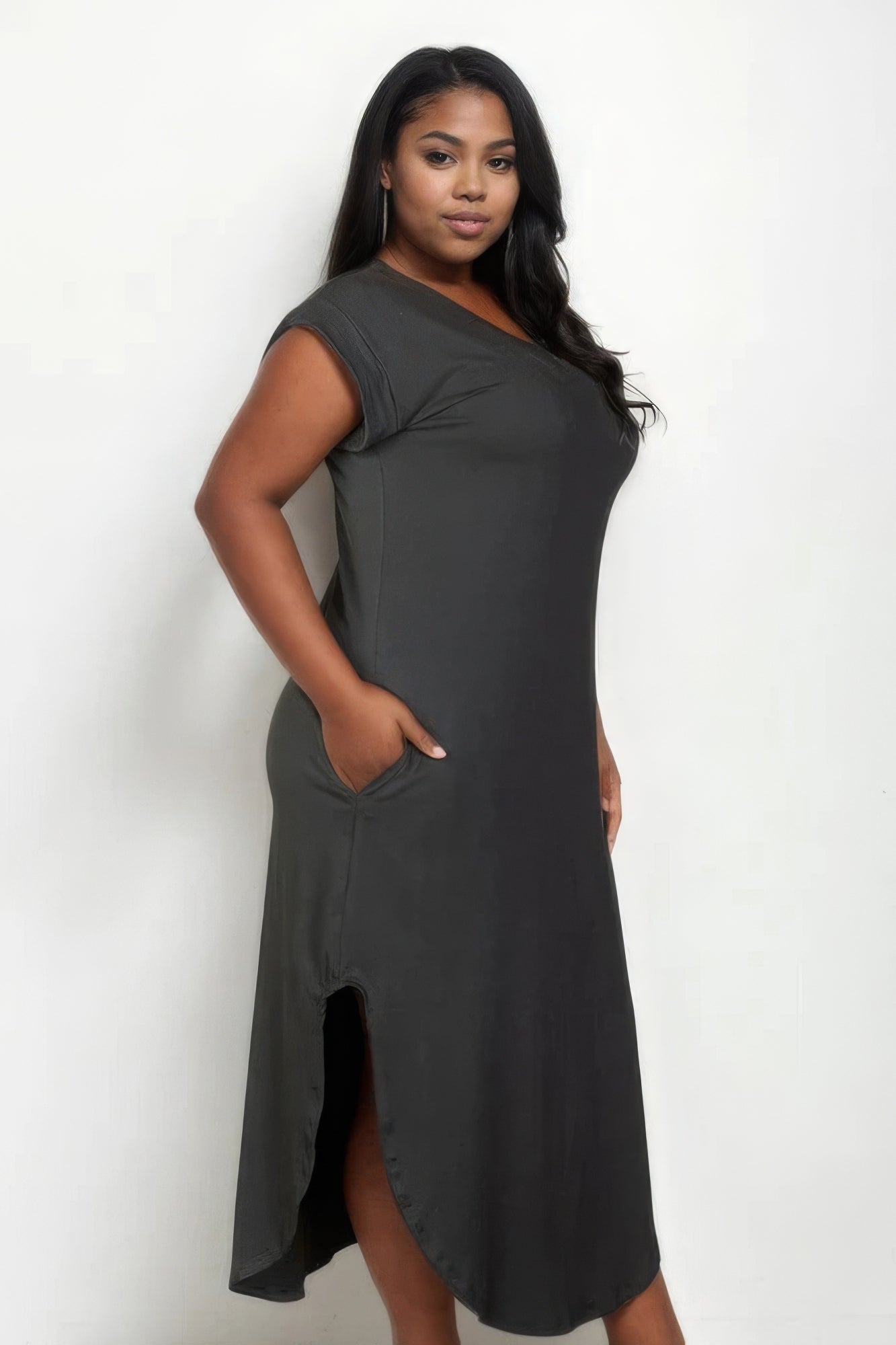 Stacey B's Plus Size Hidden Pocket Batwing Sleeve V Neck Long Dress