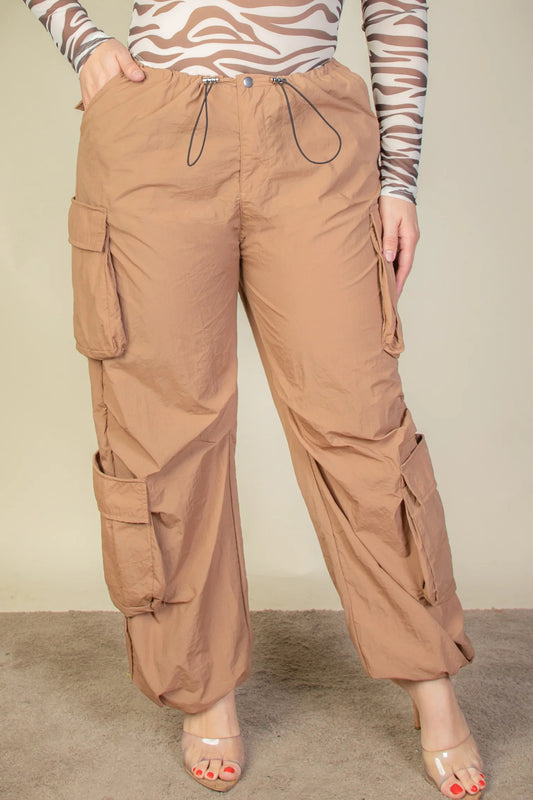 Stacey B's Plus Size Flap Pockets Drawstring Ruched Parachute Pants