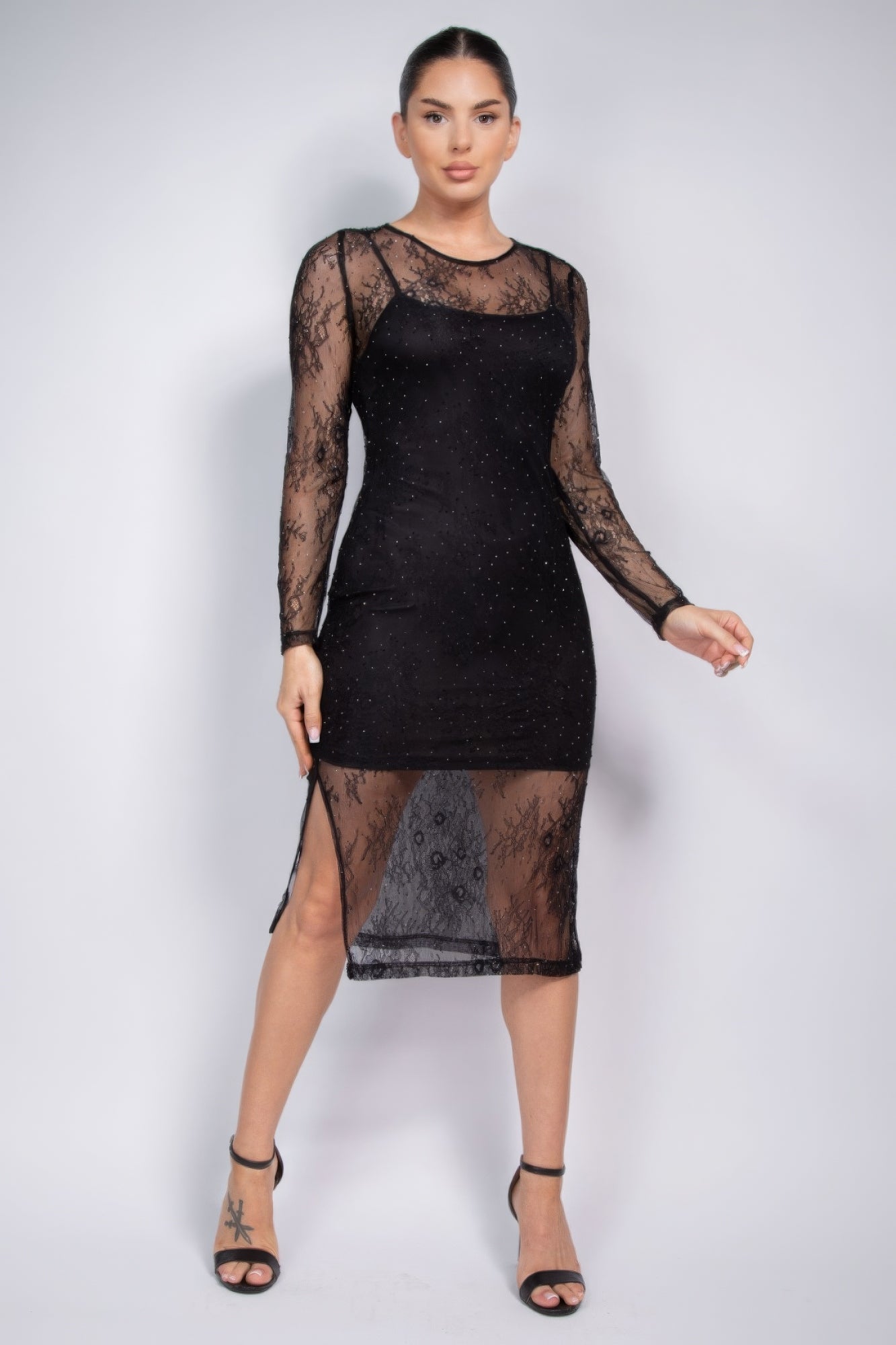 Stacey B's Lace Rhinestone-studded Slit Midi Dress