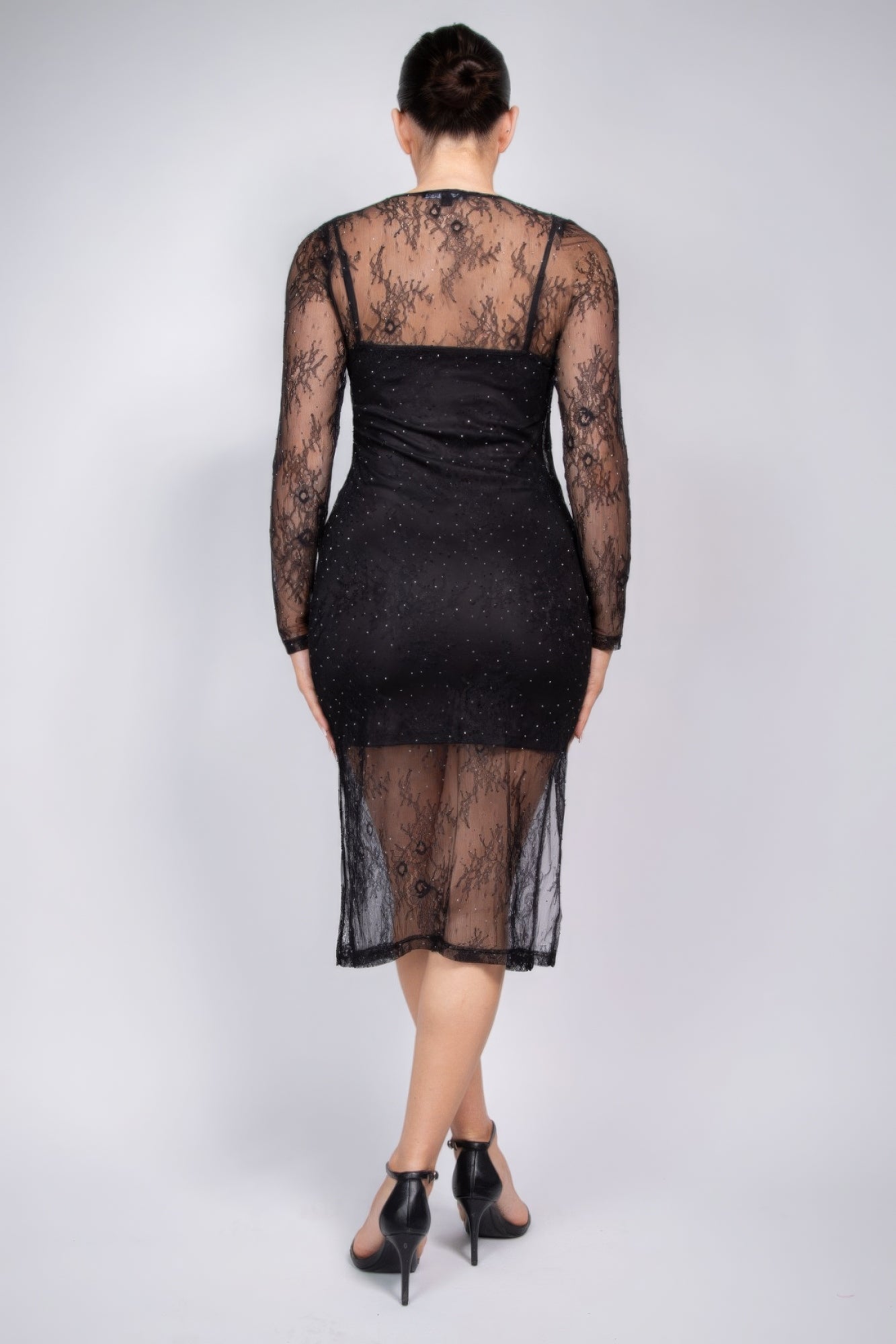 Stacey B's Lace Rhinestone-studded Slit Midi Dress