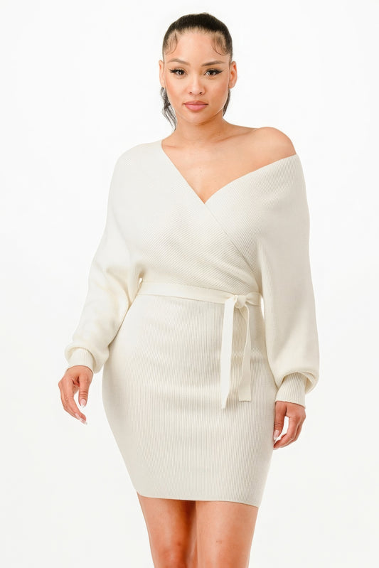 Stacey B's Shoulder Wrap Belted Ribbed Sweather Dress