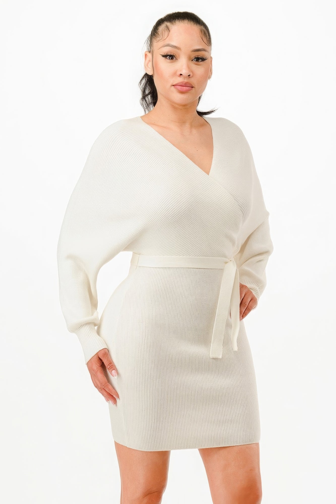 Stacey B's Shoulder Wrap Belted Ribbed Sweather Dress