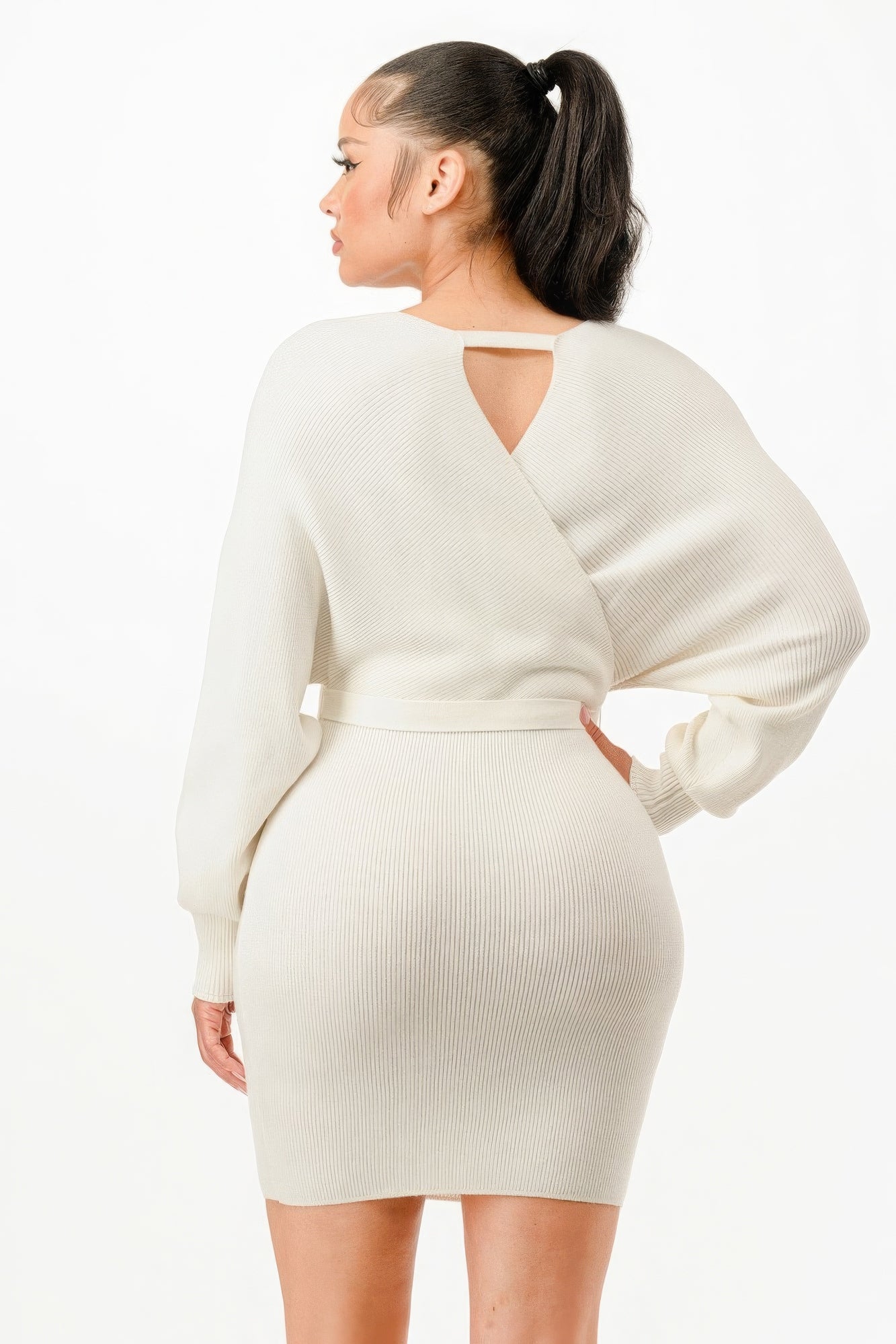 Stacey B's Shoulder Wrap Belted Ribbed Sweather Dress