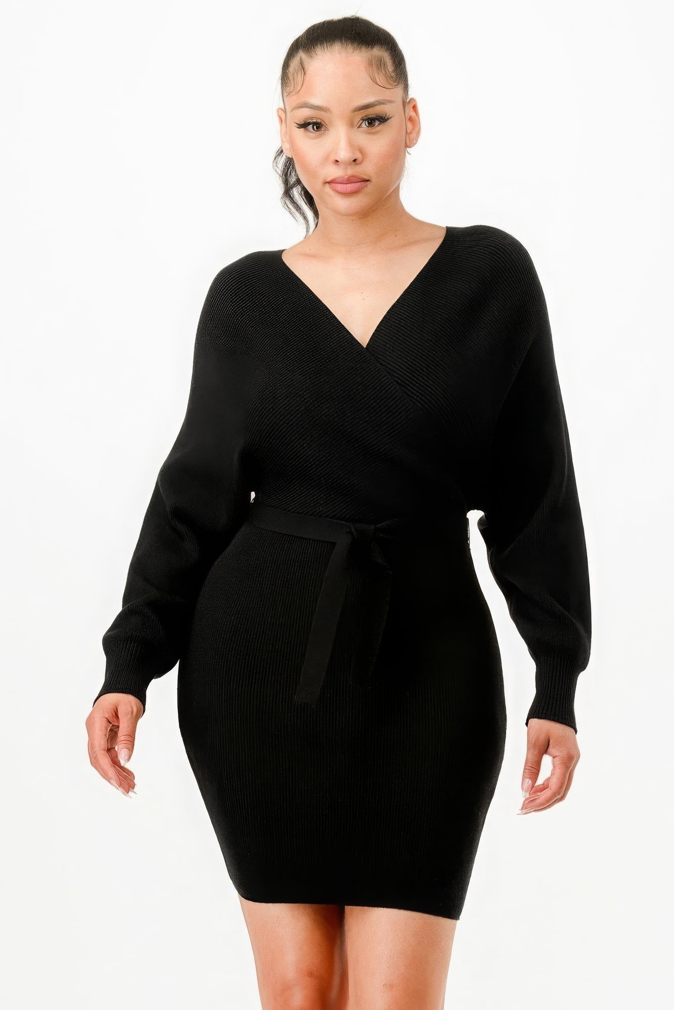 Stacey B's Off Shoulder Wrap Belted Ribbed Sweather Dress