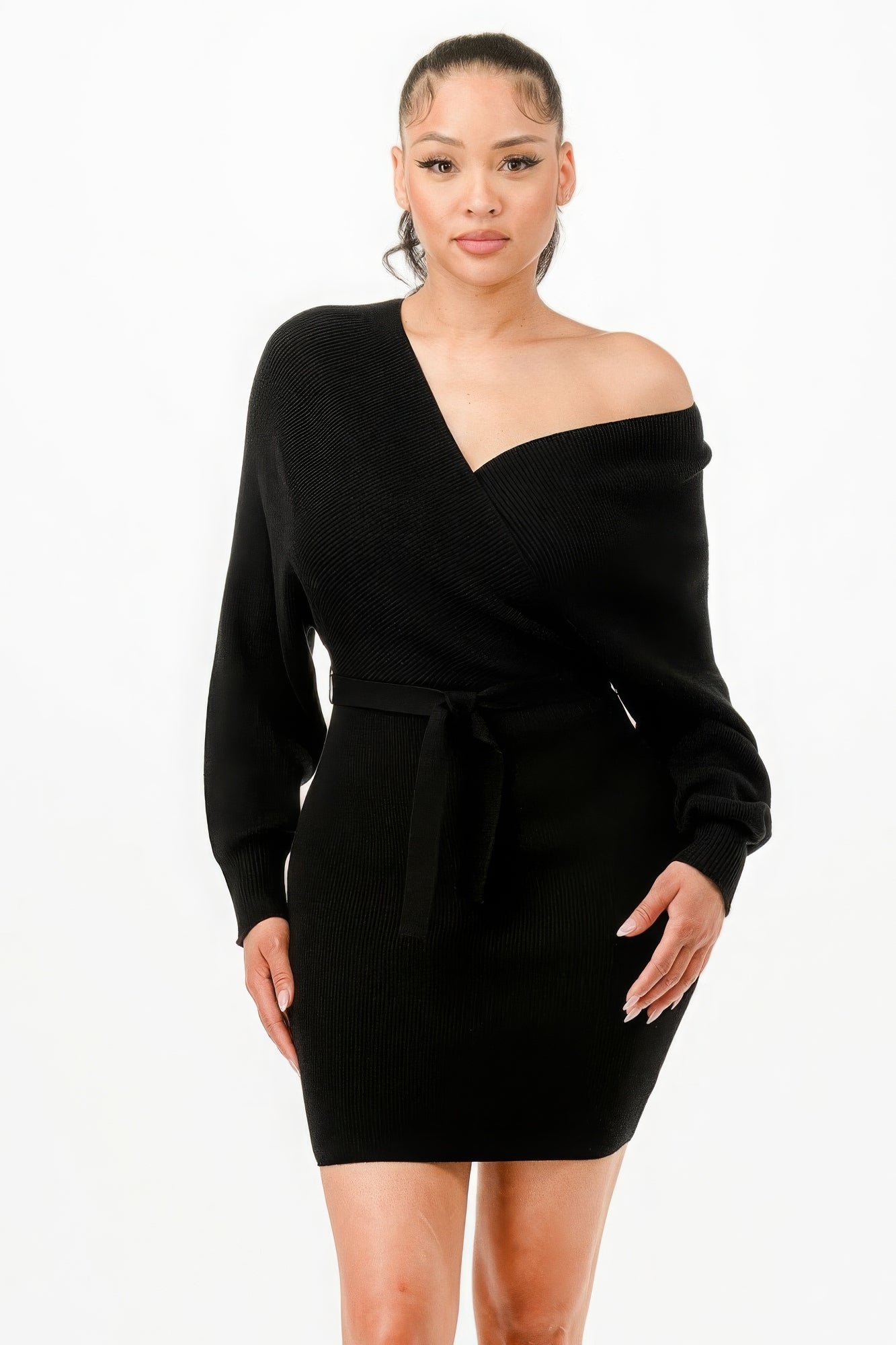 Stacey B's Off Shoulder Wrap Belted Ribbed Sweather Dress