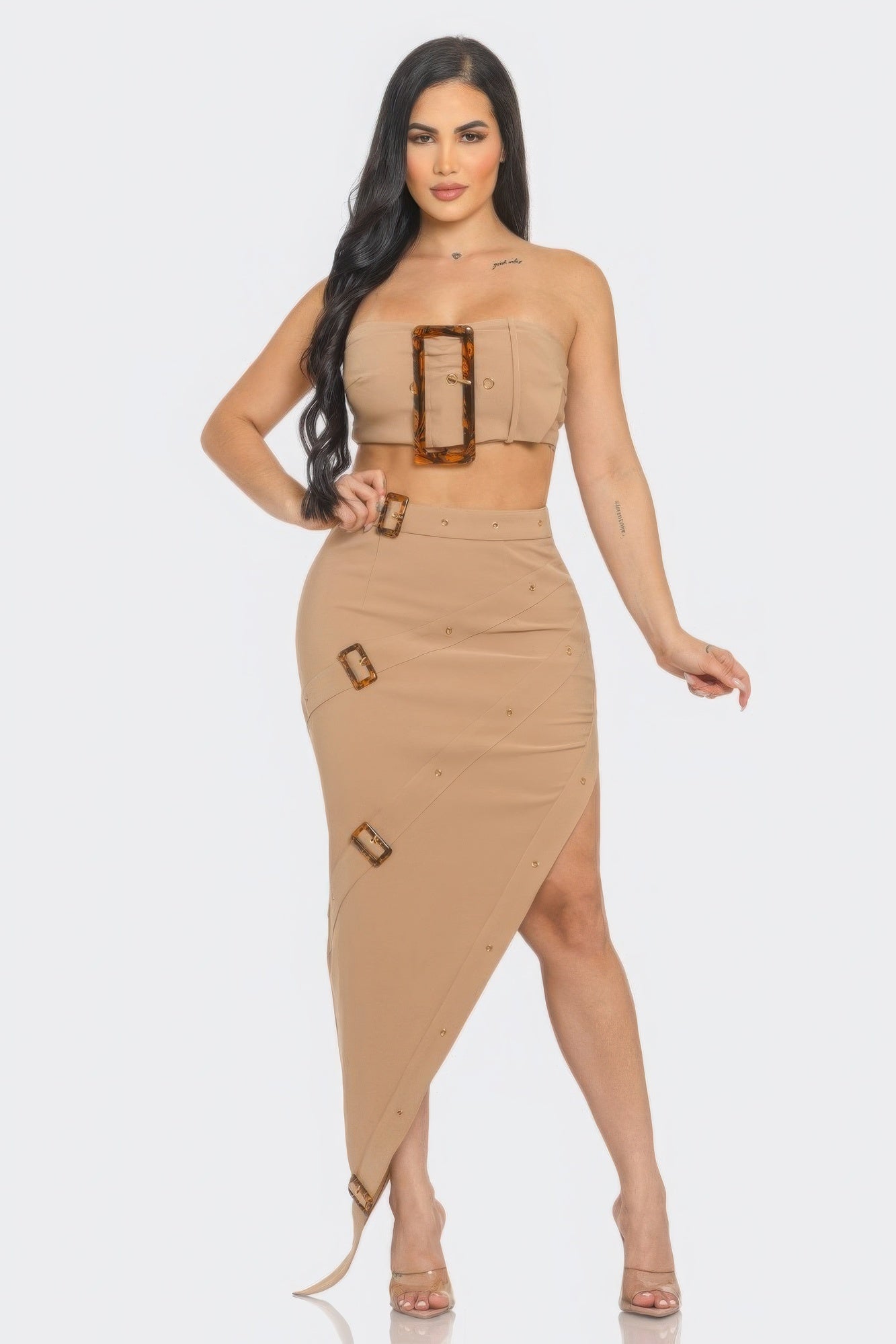 Stacey B's Front Eyelet Buckle Belt Top And Skirt Set