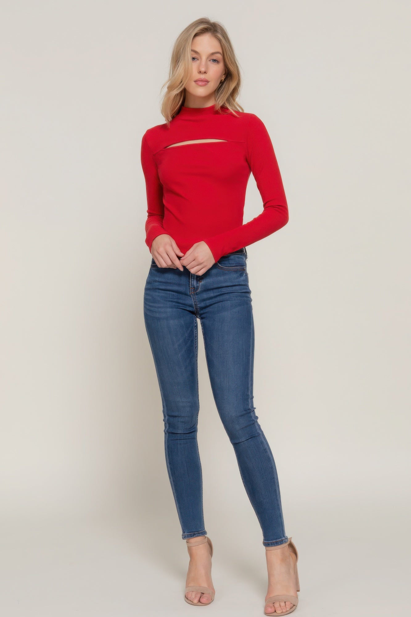 Stacey B's Long slv mock neck kyehole rib knit top