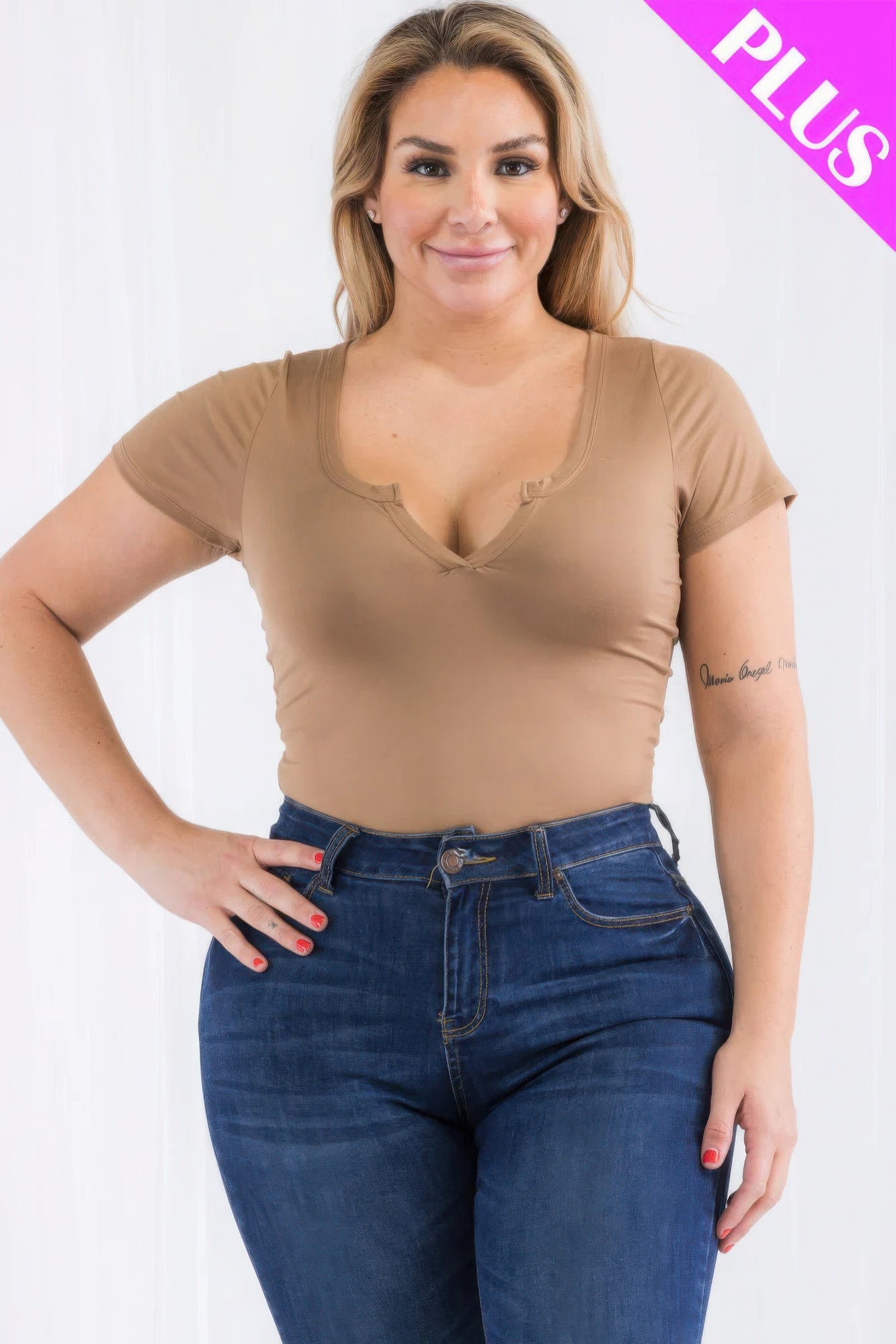 Stacey B's Plus Size Casual Split Neck Solid Short Sleeve Bodysuit