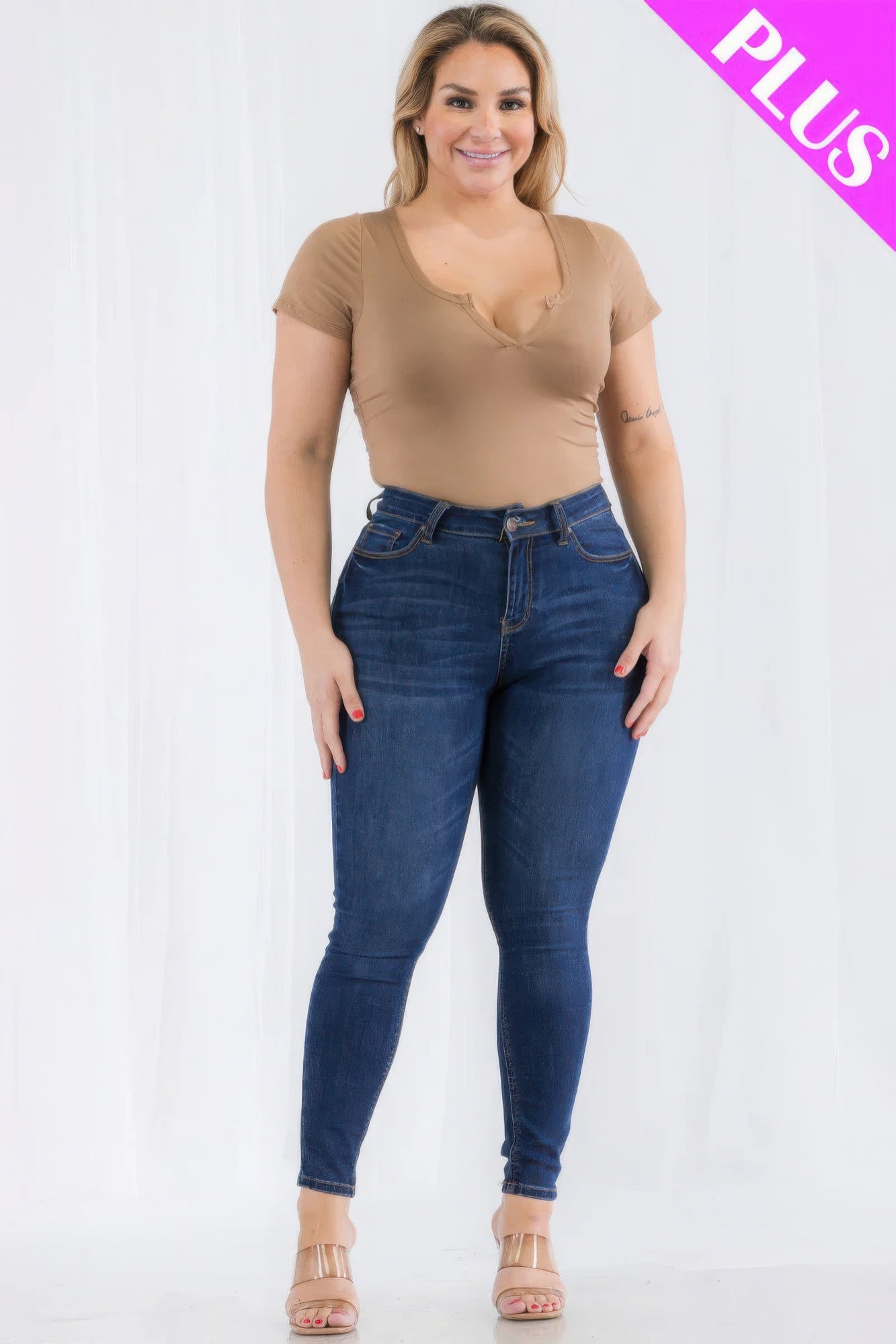 Stacey B's Plus Size Casual Split Neck Solid Short Sleeve Bodysuit