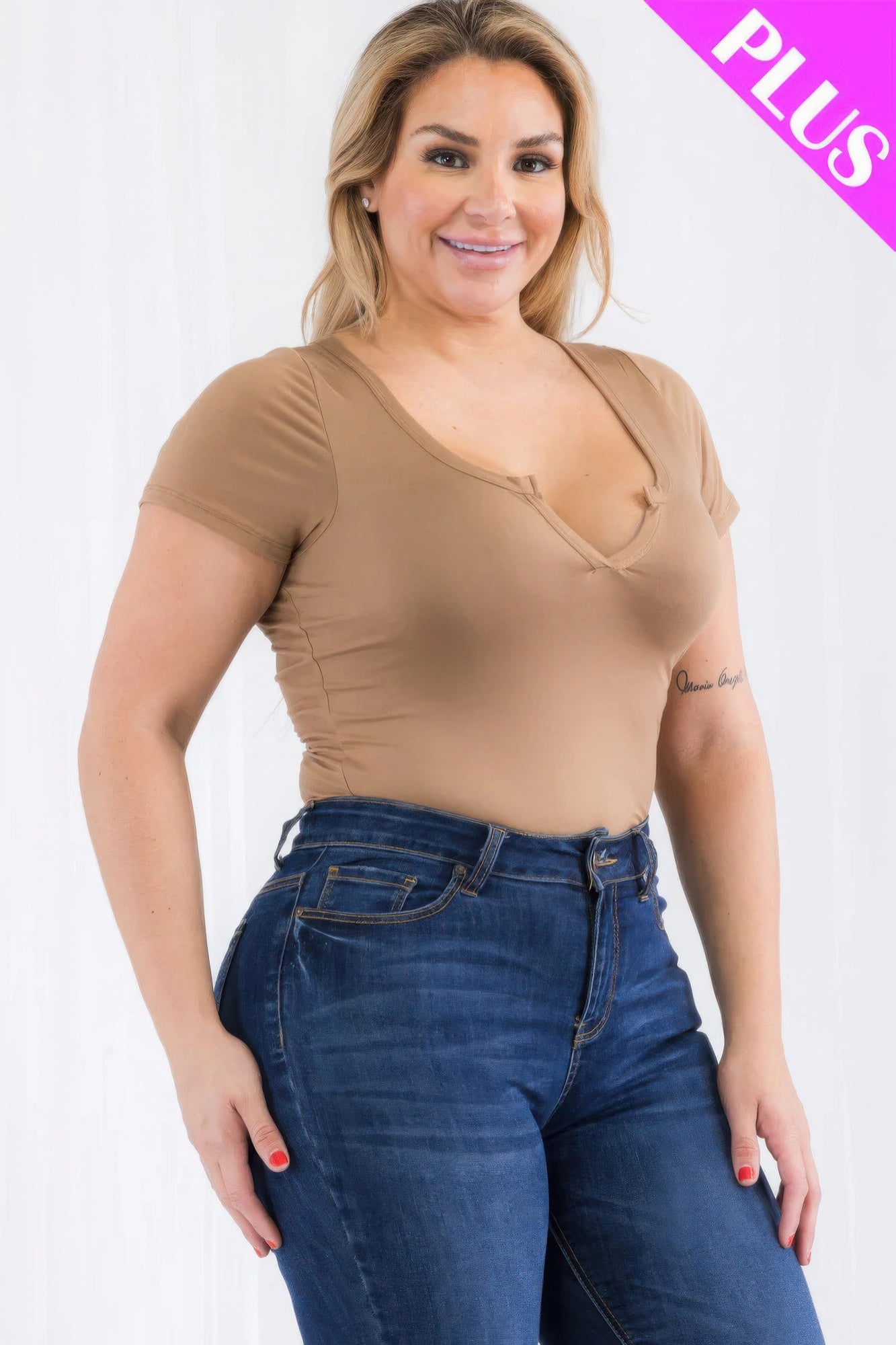 Stacey B's Plus Size Casual Split Neck Solid Short Sleeve Bodysuit