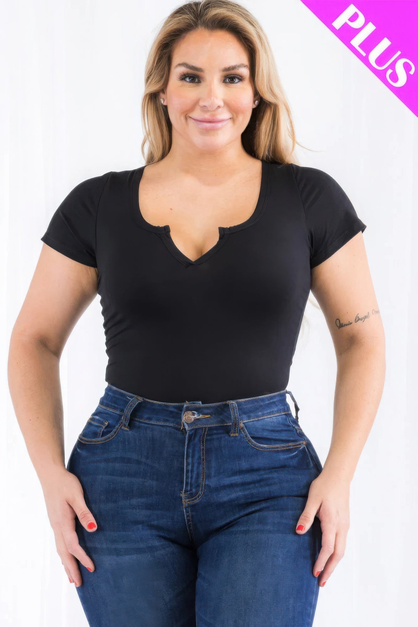 Stacey B's Plus Size Casual Split Neck Solid Short Sleeve Bodysuit