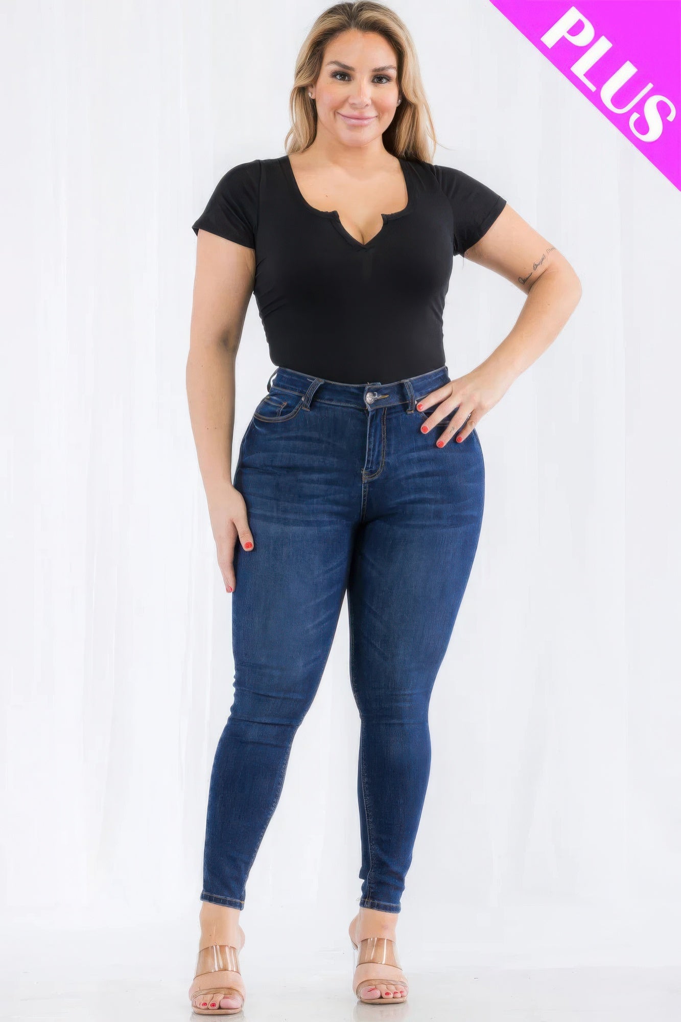 Stacey B's Plus Size Casual Split Neck Solid Short Sleeve Bodysuit