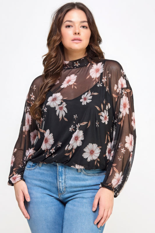 Stacey B's Mesh Floral Ls Top W/cami