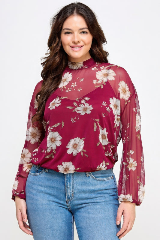 Stacey B's Mesh Floral Ls Top W/cami