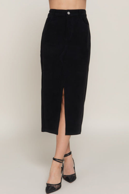 Stacey B's Front Open Slit Corduroy Midi Skirt