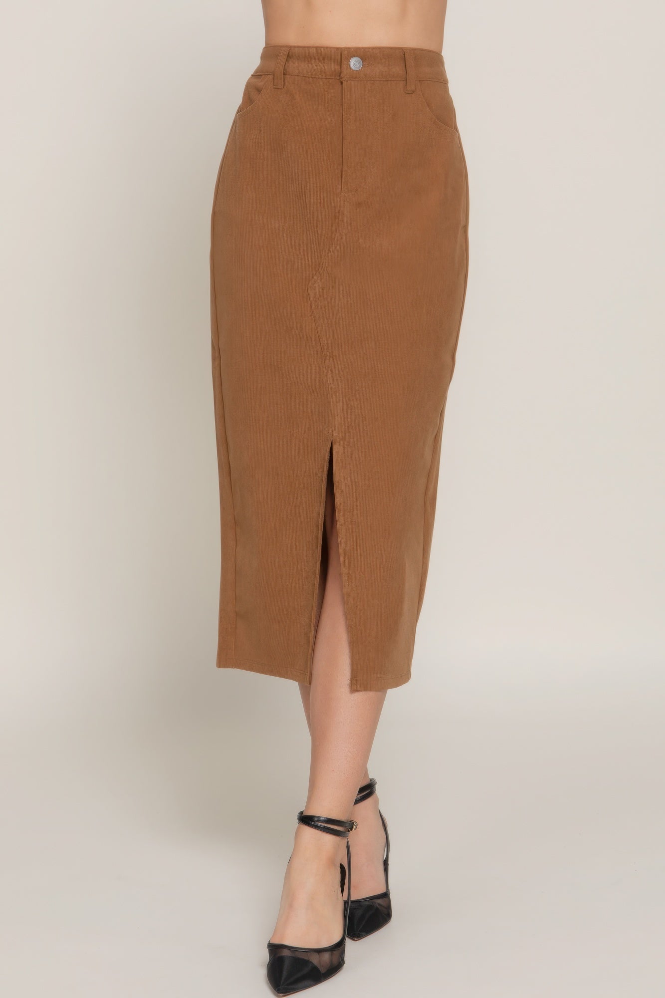 Stacey B's Front Open Slit Corduroy Midi Skirt