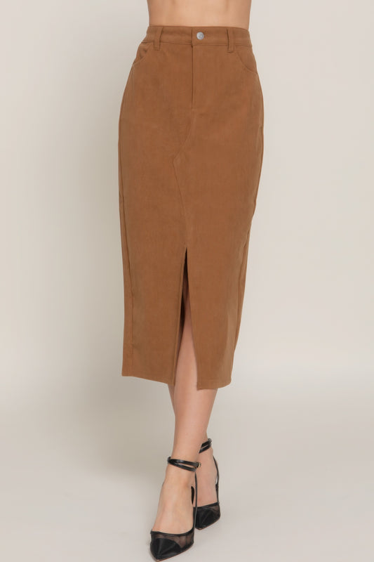 Stacey B's Front Open Slit Corduroy Midi Skirt