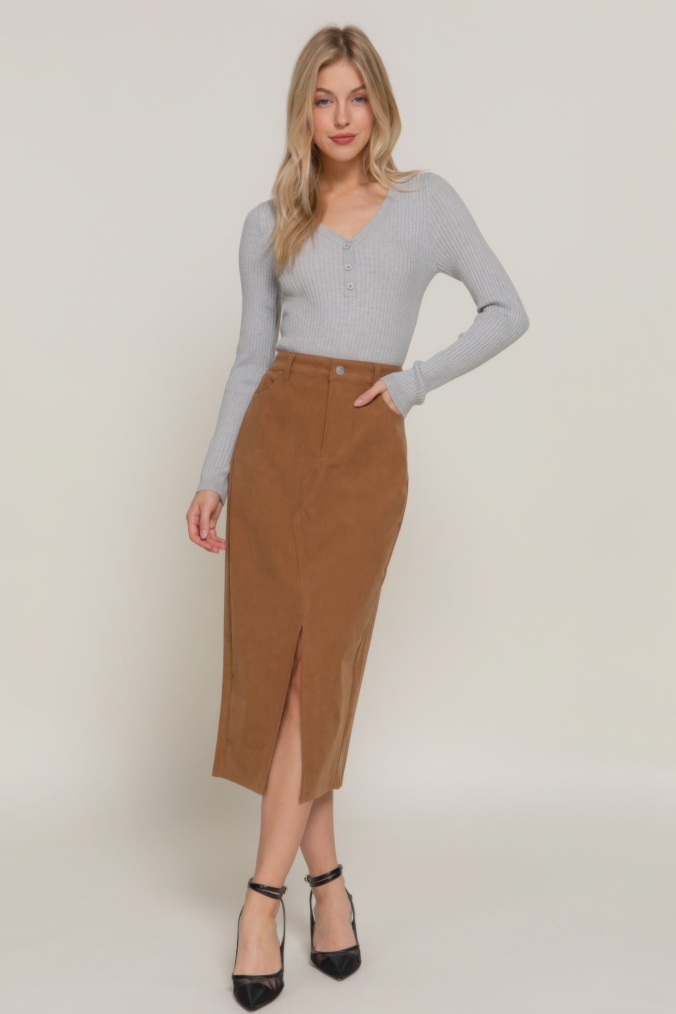 Stacey B's Front Open Slit Corduroy Midi Skirt