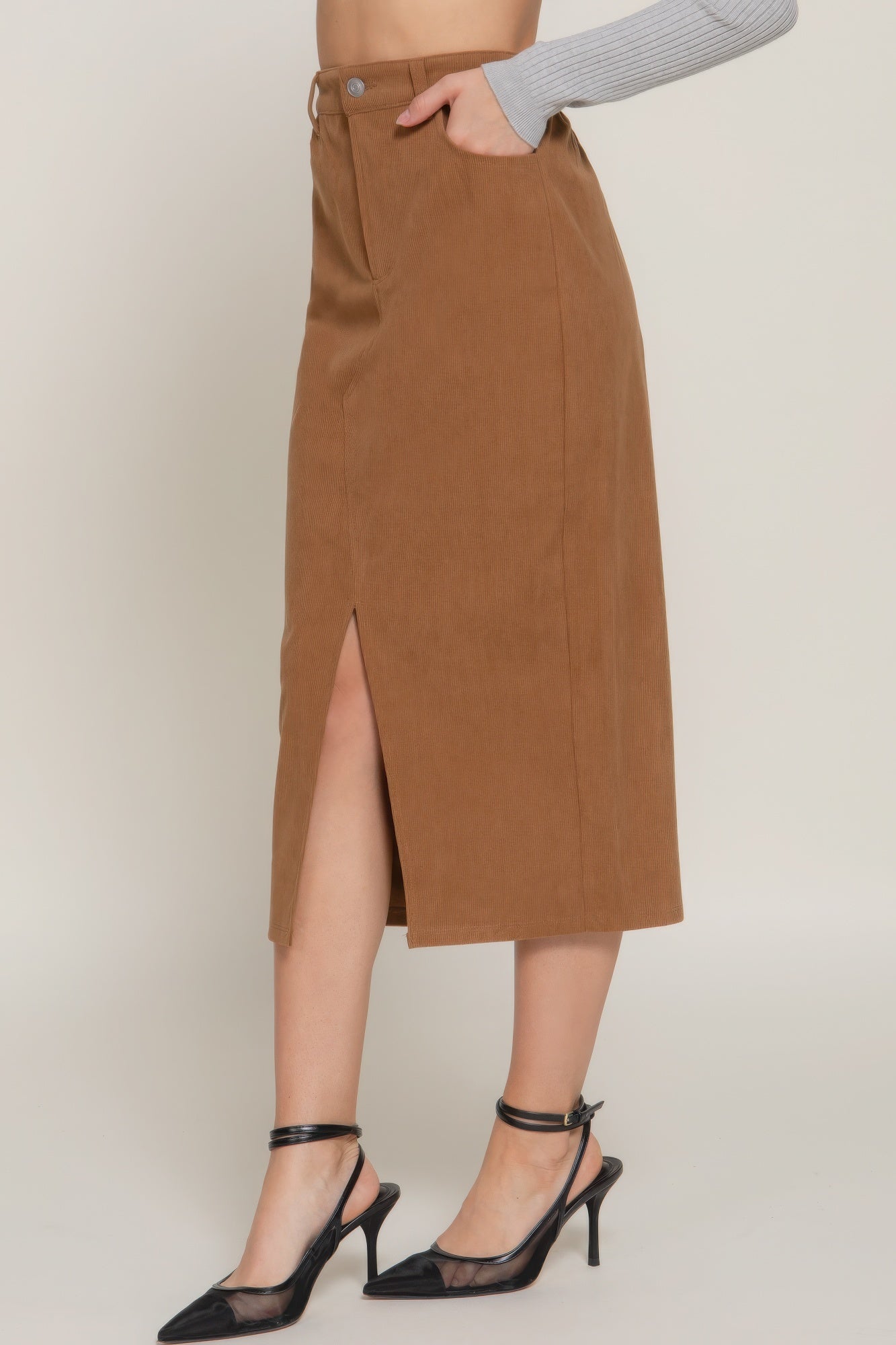 Stacey B's Front Open Slit Corduroy Midi Skirt