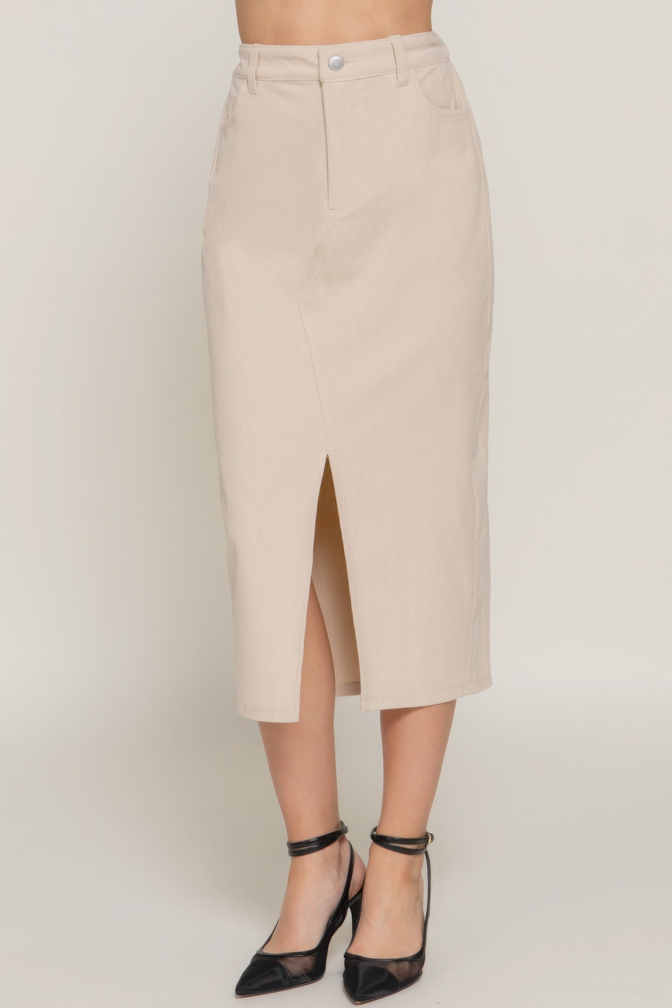 Stacey B's Front Open Slit Corduroy Midi Skirt