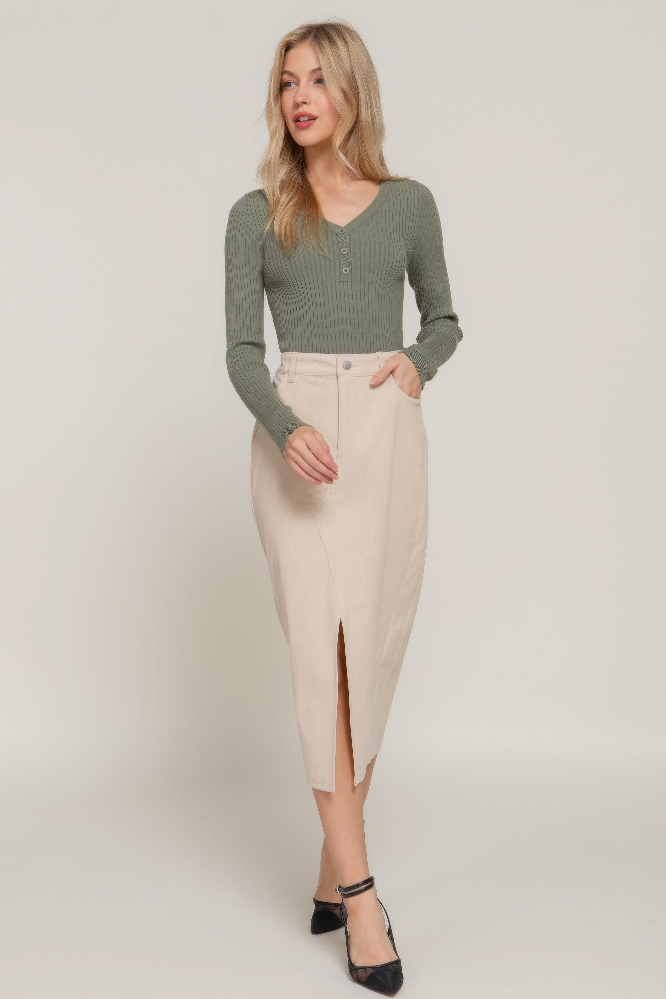 Stacey B's Front Open Slit Corduroy Midi Skirt