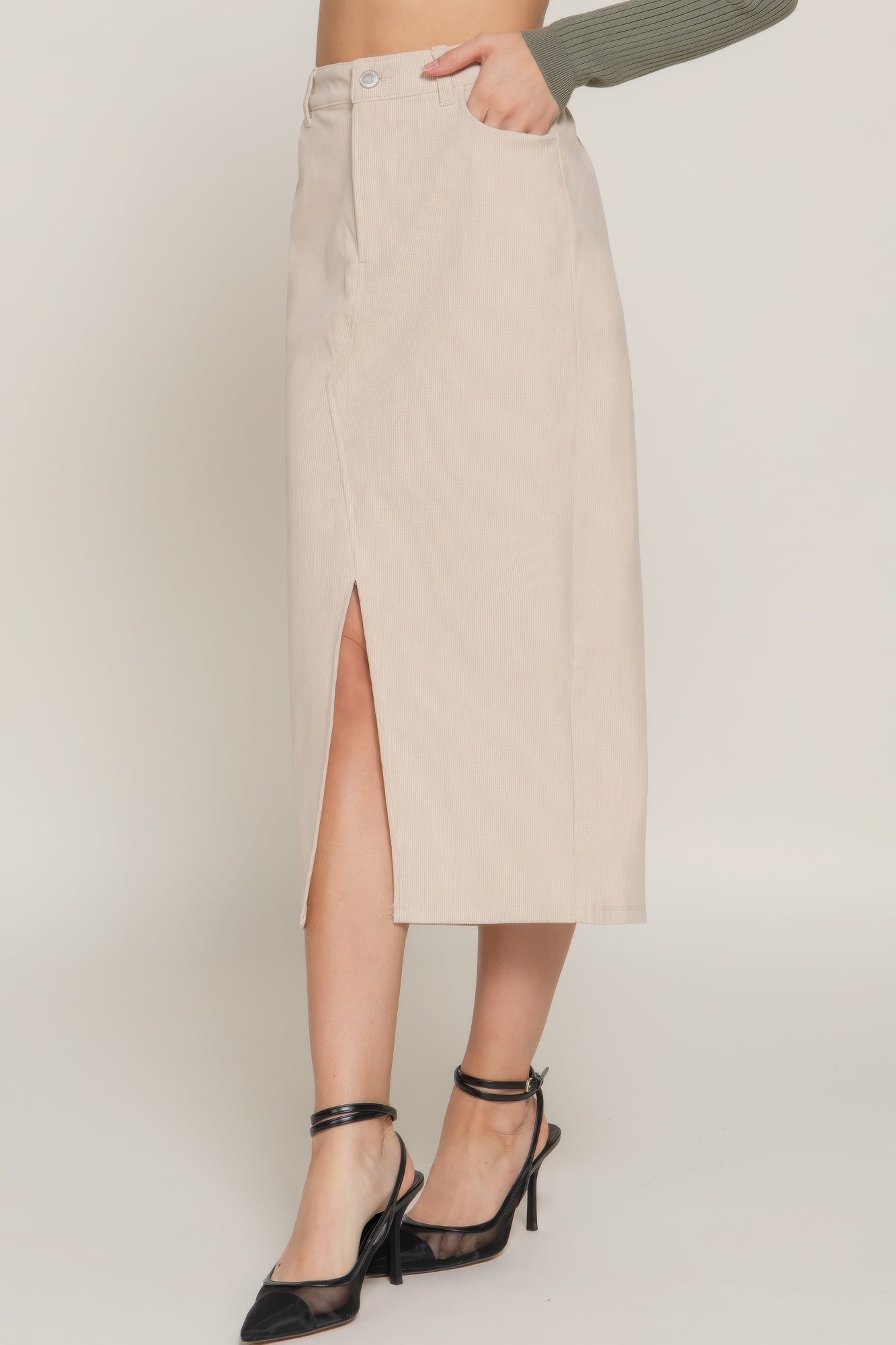 Stacey B's Front Open Slit Corduroy Midi Skirt