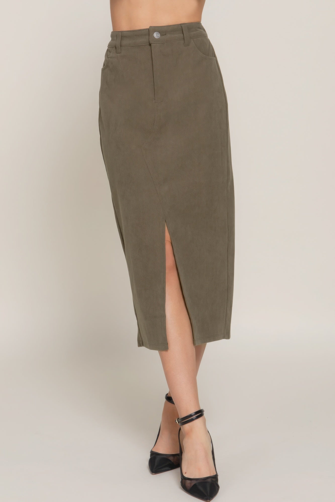 Stacey B's Front Open Slit Corduroy Midi Skirt