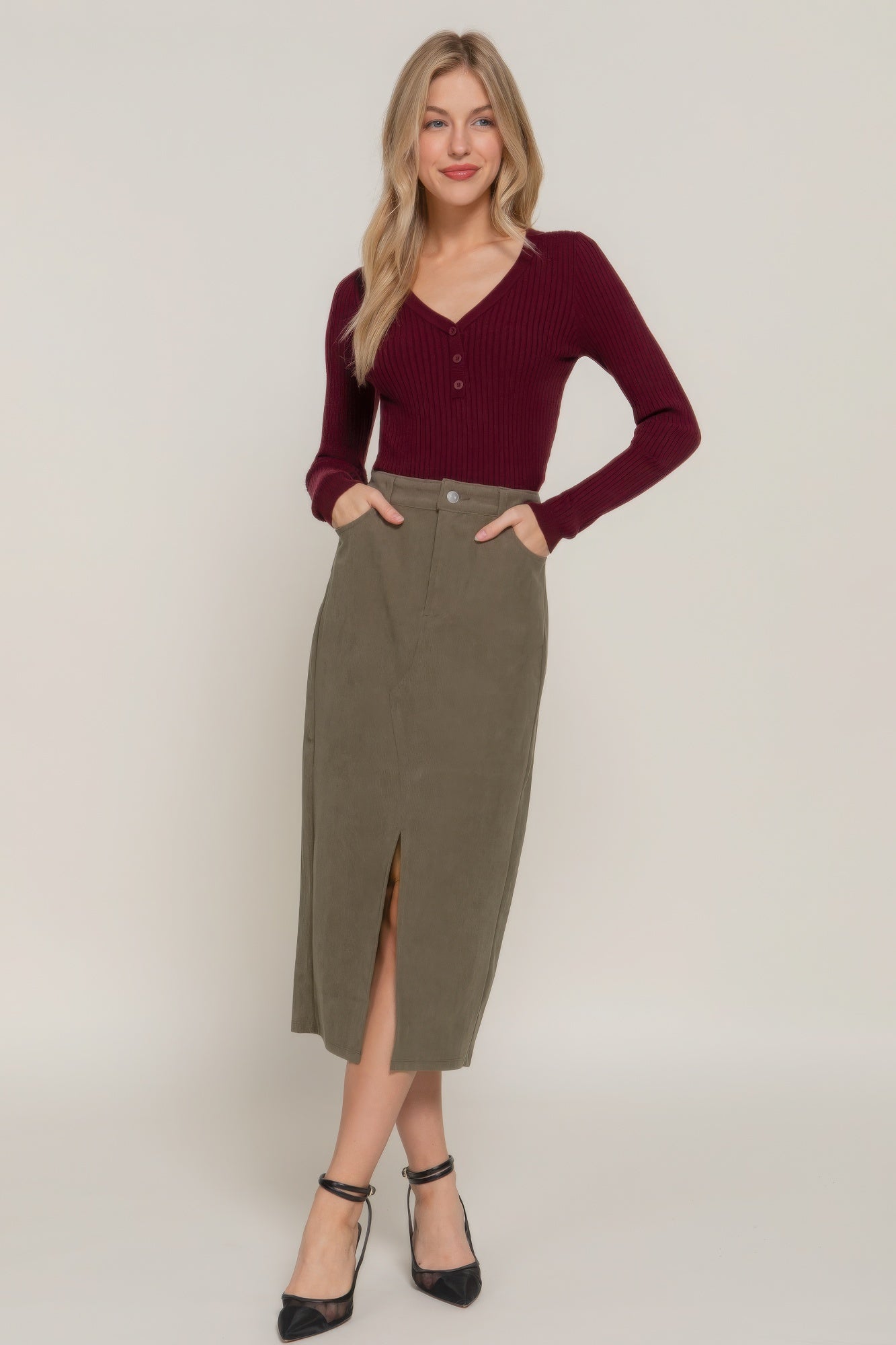 Stacey B's Front Open Slit Corduroy Midi Skirt