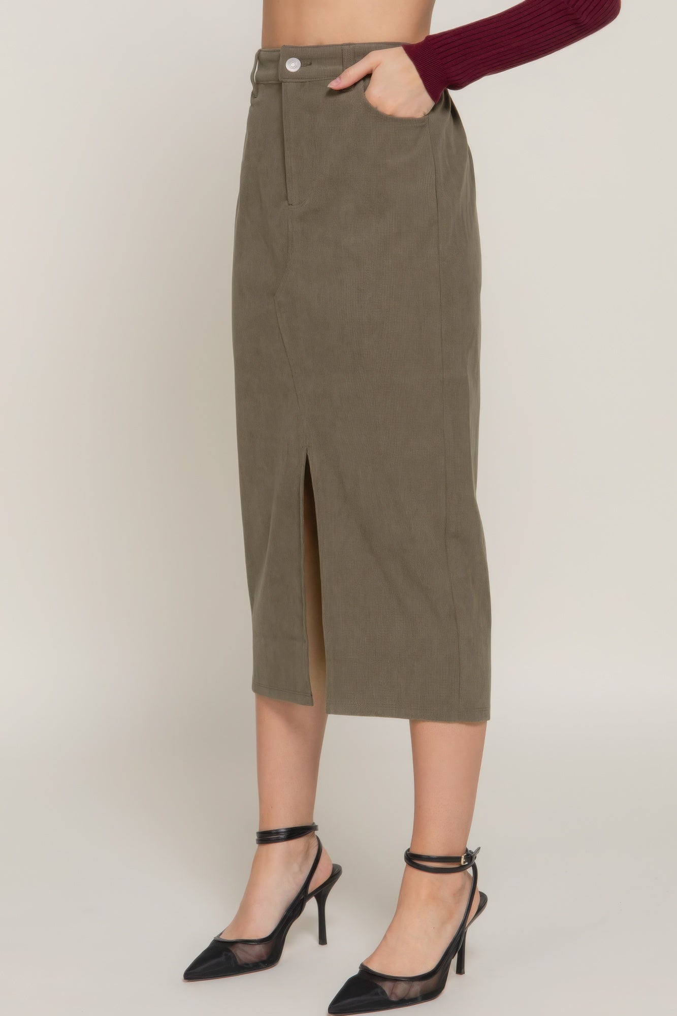 Stacey B's Front Open Slit Corduroy Midi Skirt