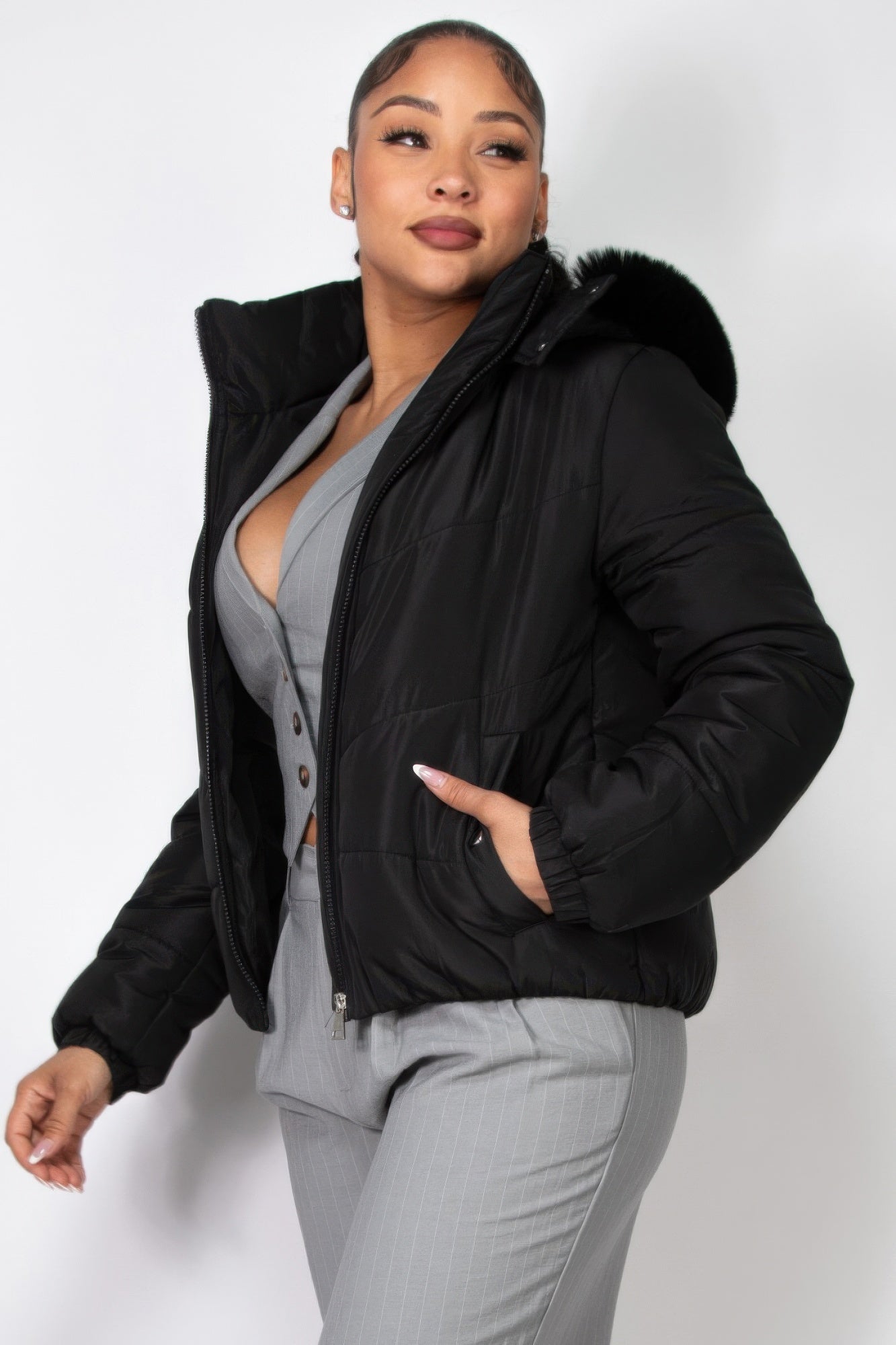 Stacey B's Insulated Zip-up Faux Fur Hooded Jacket